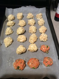 Fish balls on tray before baking